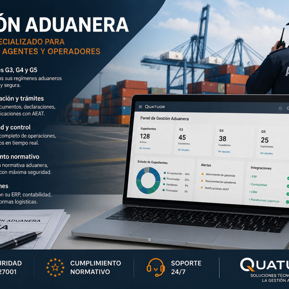 Software de gestión aduanera para transitarios, representantes aduaneros y operadores logísticos. Gestione expedientes G3, G4 y G5, documentación, costes, trazabilidad, clientes e integraciones ERP con Quatuor.