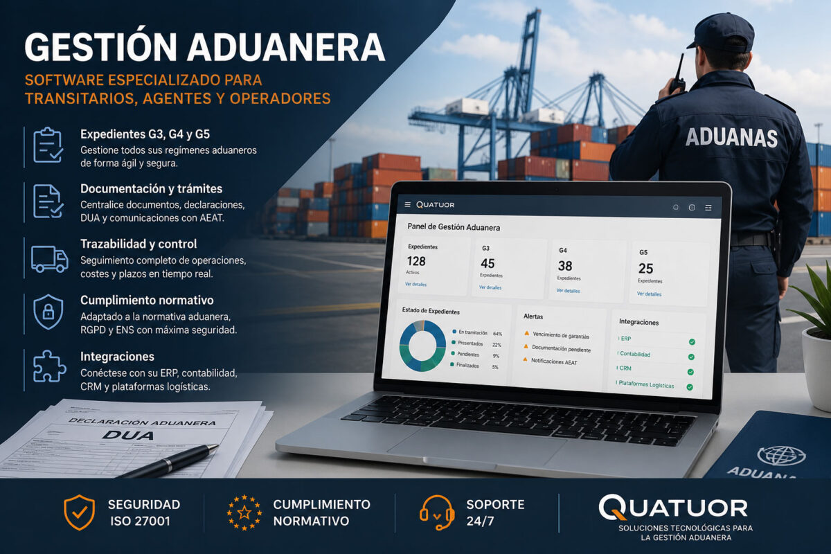 Software de gestión aduanera para transitarios, representantes aduaneros y operadores logísticos. Gestione expedientes G3, G4 y G5, documentación, costes, trazabilidad, clientes e integraciones ERP con Quatuor.