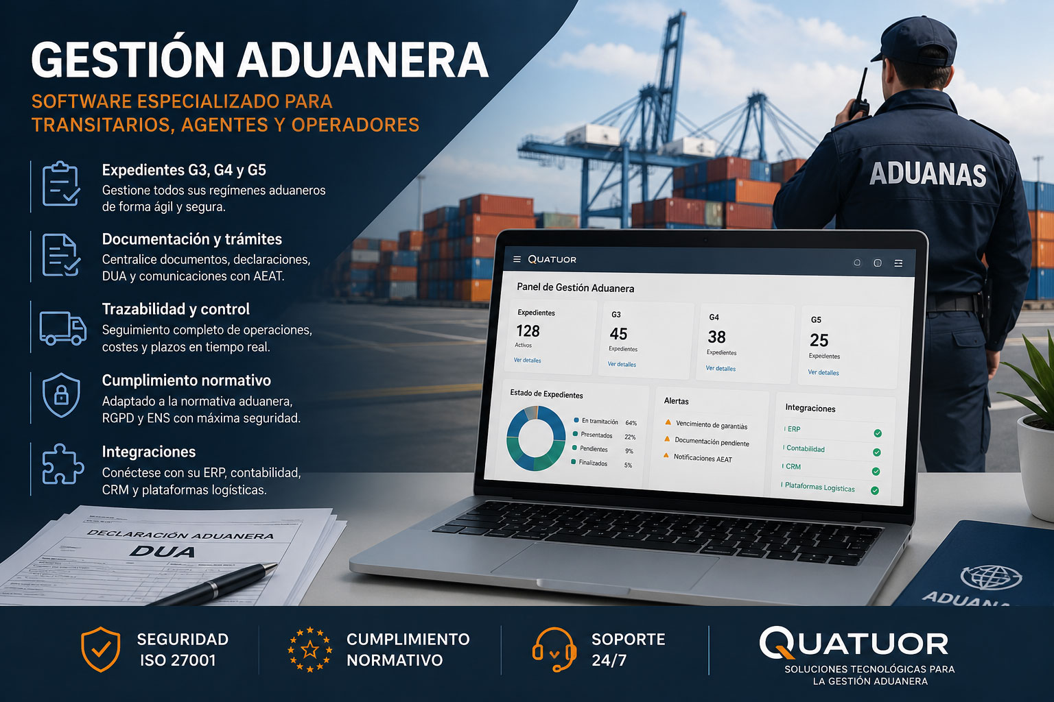 Software de gestión aduanera para transitarios, representantes aduaneros y operadores logísticos. Gestione expedientes G3, G4 y G5, documentación, costes, trazabilidad, clientes e integraciones ERP con Quatuor.